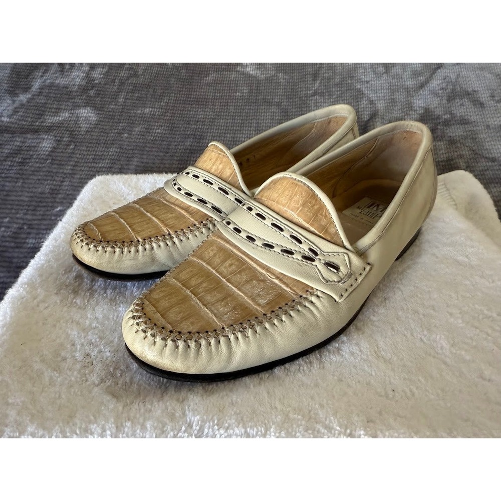 Michel Loisy Italy Mens Cream Leather Alligator‎ Loafers Size 9M Slip On.
